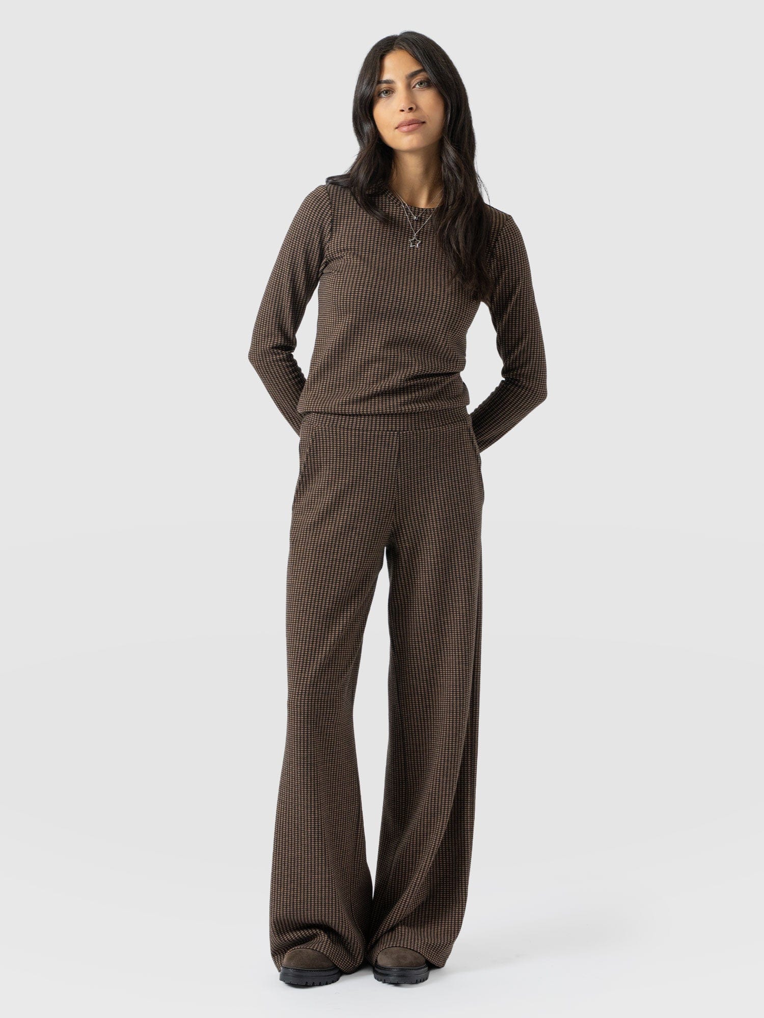 Keller Wide Leg Pant - Brown Mini Houndstooth - Women's Pants | Saint + Sofia® USA